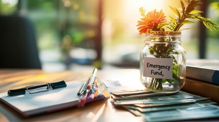 A budgeting jar labeled "Emergency Fund," surrounded by neatly organized cash envelopes and a financial planning notebook