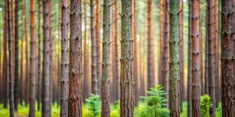 Fototapeta premium Serene Pine Forest Tall, slender trees stand in a dense, sun-dappled woodland, showcasing the beauty of nature's patterns.