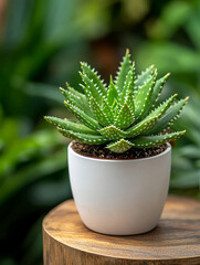 Green succulent plant in a white pot on wooden surface