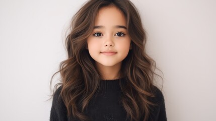 Charming little girl with flowing brown hair and cozy black sweater, portrait of innocence