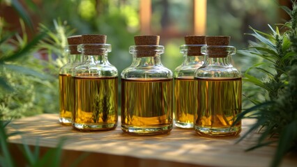 Olive oil bottles arranged on wooden table in a bright garden
