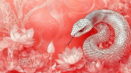 Fototapeta premium A striking image featuring a snake entwined in blooming lotus flowers, ideal for Year of the Snake celebrations, Asian-themed events, or artistic designs.