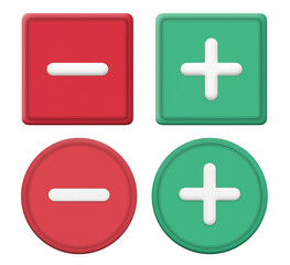 Fototapeta premium 縁が入ったマイナスとプラスの記号が入った赤と緑の立体的なボタンのセット