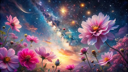 Celestial Blooms: Pink Flower & Starry Night Painting -  Fantasy Art, Cosmic Flowers, Dreamy Artwork
