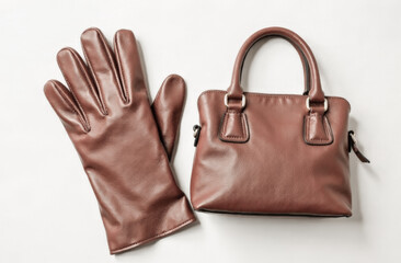 elegant women's gloves and handbag in mocha mousse color on a white background. fashion trends in clothing and accessories