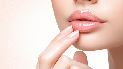 Fototapeta premium Beauty portrait highlighting pink manicure and white lip gloss, showcasing modern makeup trends cosmetic artistry.