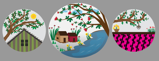 Beautiful Natural Evening Scene And Tree, Flower with House background illustration