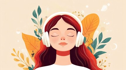 Young Woman Embracing Music and Nature with Headphones and Leaves
