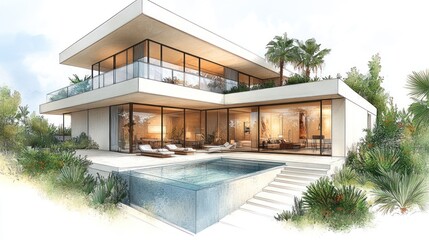 Modern luxury house with pool and lush landscaping