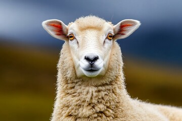 A detailed portrait of a ewe with thick, woolly fleece, looking directly at the camera with a serene expression