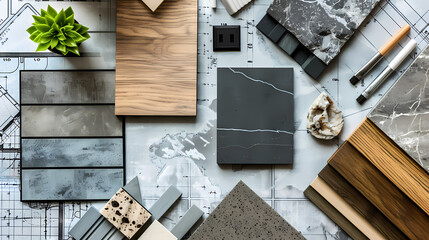 Interior Design Mood Board: A curated collection of textures and materials, including wood samples, stone tiles, and paint swatches, arranged on architectural blueprints.