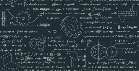 Mechanical engineering calculation formulas on a seamless blackboard.
