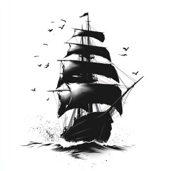 Black and white illustration of a sailing ship at sea with birds flying overhead. (1)