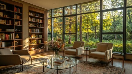 Fototapeta premium Sunlit library with large windows overlooking autumnal woods.