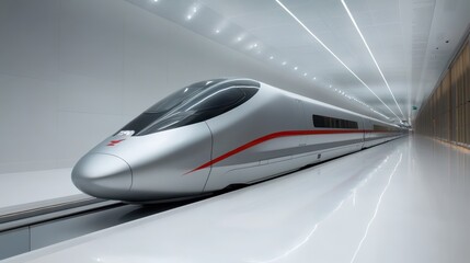 Fototapeta premium Silver and red train journey through scenic landscapes, explore railways travel adventures