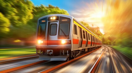 Naklejka premium Fast train journey, dynamic blurred motion of on railway tracks