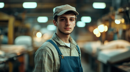 Fototapeta premium Young woodworker in work attire posing in a furniture factory workshop for a portrait