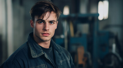 Confident young mechanic demonstrating professionalism and expertise in a skilled trade environment while standing in a workshop