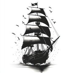 Black and white illustration of a majestic sailing ship with full sails, birds flying around it, and splashing water.