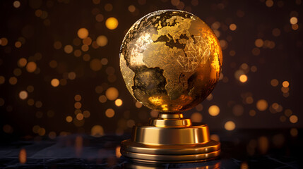 Golden Globe Award: A 3D render of a golden globe award on a dark background with bokeh lights, symbolizing global achievement and recognition.