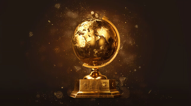 Golden Globe Award: A majestic golden globe award trophy, shimmering with an ethereal glow, sits on a dark background, surrounded by sparkling particles, symbolizing global achievement and prestige. 