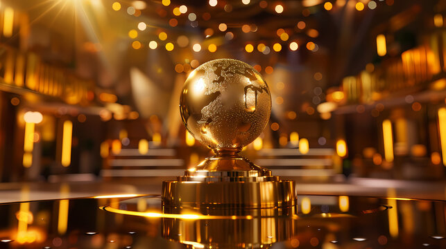 Global Recognition: A gleaming golden trophy with a globe motif takes center stage under the warm glow of stage lights, signifying global achievement and prestige.  