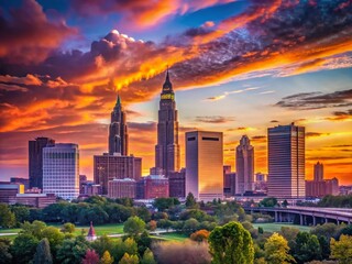 Fototapeta premium Cleveland Skyline Sunset Silhouette Photography - Vibrant Cityscape, Modern Architecture