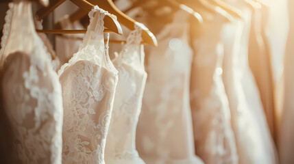 Dream Dress Showcase: A row of exquisite white wedding dresses with intricate lace detailing hang on wooden hangers, bathed in the soft glow of the setting sun.