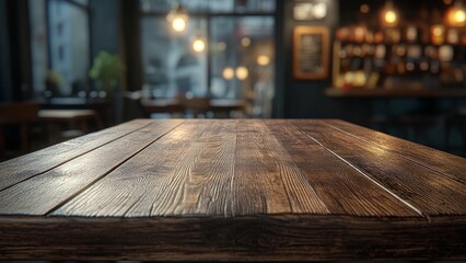 Rustic wooden table in a cozy bar ambiance at twilight