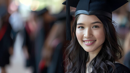 Graduation Day Joy: A young woman with long dark hair radiates with pride and joy as she poses in her graduation cap and gown, a symbol of her academic achievement and a bright future ahead.  