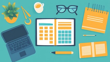 A flat lay of a weekly planner opened to a page filled with goals and tasks, accompanied by a laptop, a pair of glasses, and a potted succulent 