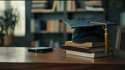 Graduation Day Still Life: A navy blue graduation cap rests atop a stack of books, symbolizing the culmination of academic achievement and the anticipation of future endeavors.
