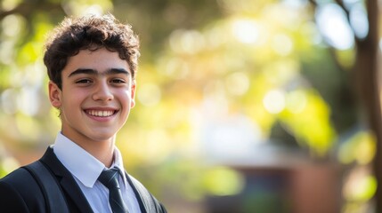 Fototapeta premium A student in uniform smiling outdoors, representing a positive school experience, with copy space