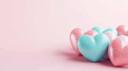 Fototapeta premium Colorful, glittery hearts in pink and blue on a soft pastel background create a playful and romantic atmosphere.