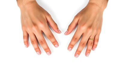 A pair of manicured hands resting on a plain surface, showcasing elegant nails and subtle jewelry.