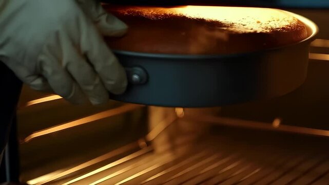 A person carefully removes a freshly baked cake from the oven as steam escapes