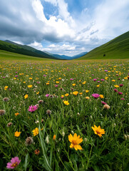 Obraz premium Colorful wildflower field under a cloudy sky
