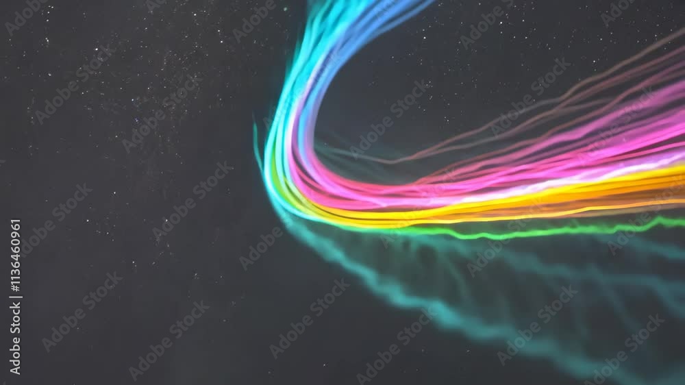 Poster Unique light patterns produced by iridescence in a dark abstract background showcasing vibrant colors in motion