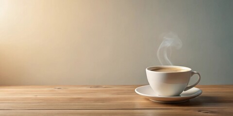 Fototapeta premium Aromatic Steam Rising from a White Coffee Cup on Wooden Table