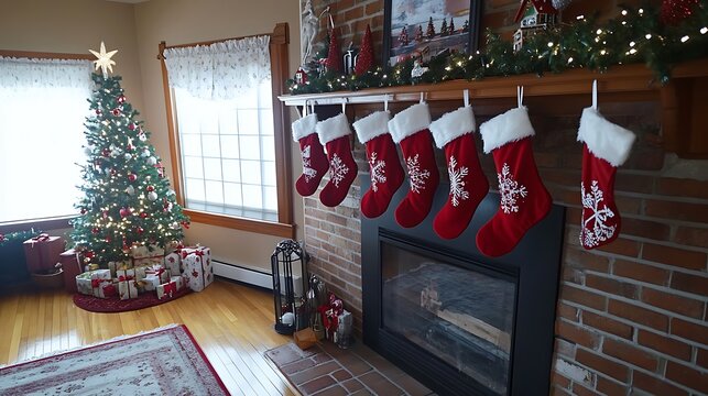 Red stockings filled with Christmas joy hanging from a brick fireplace in a festive living room