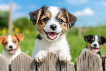 A pet adoption event at a local park, with volunteers assisting families and adorable animals playing in a fenced area