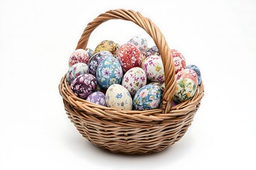 Wicker basket overflowing with colorful easter eggs decorated with floral patterns