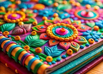 Obraz premium Colorful Clay Art Notebook Design - Bokeh Background, Stationery, Craft Supplies, Handmade Journal