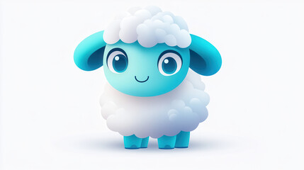 A vibrant cartoon-style illustration of a baby sheep with aquamarine wool and sky-blue ears, standing out crisply on a plain white backdrop, featuring large curious eyes and a gentle
