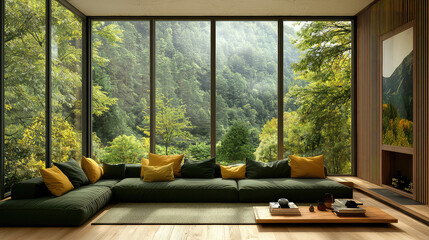 A serene living room with large windows showcasing a lush green landscape, creating a peaceful...