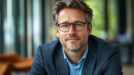 Confident professional man smiling indoors at a modern workspace