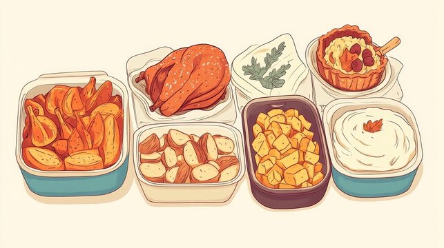 Delicious food illustration, colorful dishes, assorted meals, appetizing cuisine, tasty dishes vector art