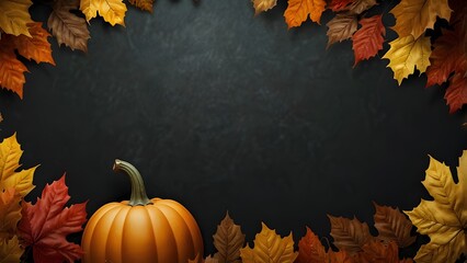 
banner, greeting, invitation, card for Thanksgiving Day and Autumn decoration concept...autumn leaves and pumpkin and pumpkin pie on dark background. realistic still life. autumn, nature photography.