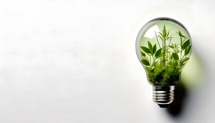An eco-friendly lightbulb with plants growing inside, symbolizing renewable and sustainable energy on a white background
