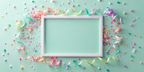 Blank frame surrounded by pastel confetti and ribbons perfect for celebratory messages